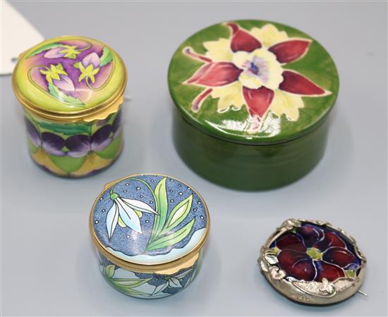 Moorcroft Columbine pattern box and cover, two enamalled patch boxes and a similar brooch